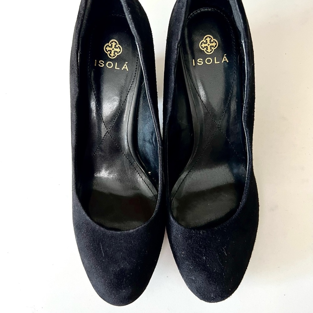 Isola Emmalee Black Suede Pumps 2-3/4” Stacked Heel